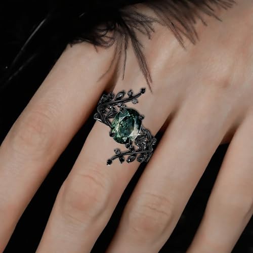Black Moss Agate Ring Set for Women 925 Sterling Silver Custom 10K 14K Gold Natural Moss Agate Engagement Ring Promise Bridal Wedding Rings Gothic Stacking Rings Size 4-154