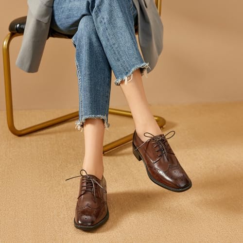 Image of BEAU TODAY Oxford Shoes for Women Leather Brogue Wingtips Dress Shoes | Calskin Upper,Pigkin Lining,Pigskin Insole,Rubber Outsole,Lightweight,Anti-slip,Wear-resistant,Breathable,Black
