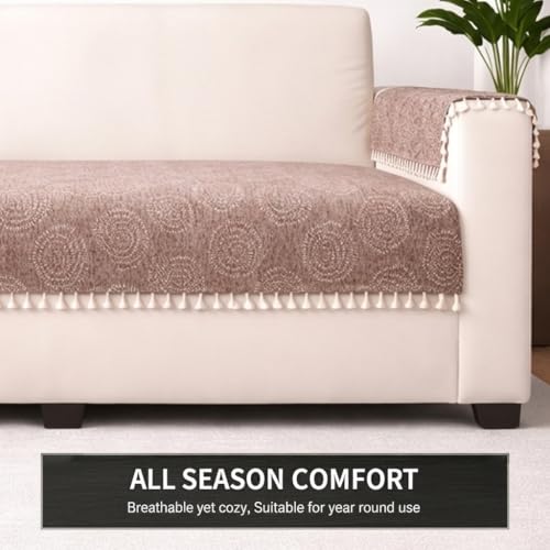 Image of STITCHNEST Woven Fabric Sofa Cover 2 Seater with 2 Hand Rest Covers - Washable Beige Sofa Cover with Tassels - Durable Premium Fabric - Stylish Sofa Protector for Living Room & Furniture Decor