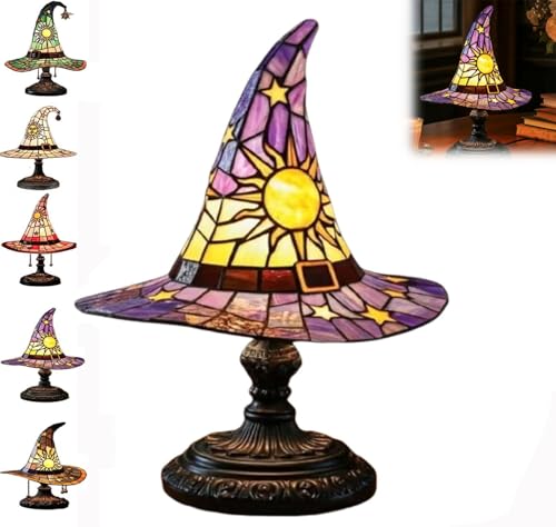Lámparas de sombrero de bruja, luces hechas a mano con forma de sombrero de bruja, luces de sombrero de bruja con dije místico, luz nocturna única para decoración del hogar del dormitorio (morado)