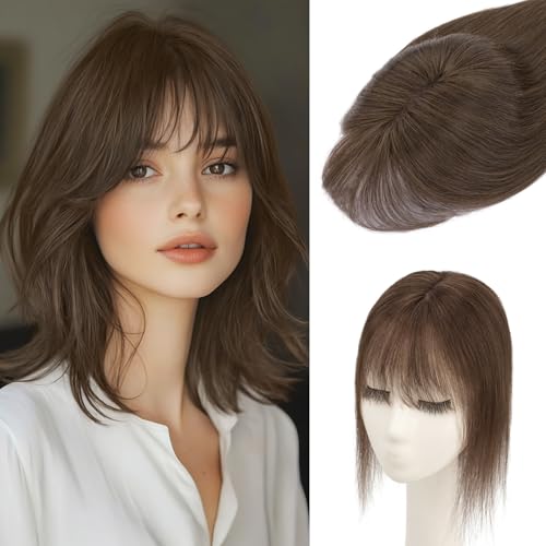 S-noilite Hair Toppers for Women Real Human Hair, 100% Real Human Hair Toppers with Bangs for Women with Thin Hair,2.25"*6" Lace Silk Base 12 inch Natural Brown