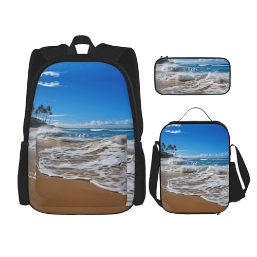 Sea Tropical Palm Trees Beach Nature Print 3-Piece Set Backpack, Lunch Bag And Pencil Case, For Travel, College, And Daily Use