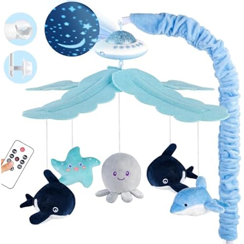 Baby Crib Mobile with Music and Lights, Nursery Baby Mobile for Crib with Remote Control, Rotation, Starlight Projection, Crib Toys for Babies Boys Girls Blue