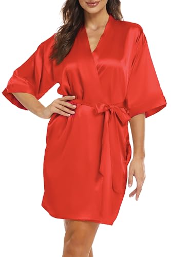 Teemie Bata Mujer Satén Seda Kimono Novia Dama Boda Albornoz Sexy Camisón Verano Ropa Vestido Batas Dormir Vestir Comodo Albornoces Lencería Casa Pijamas Cinturón Bolsillos Despedida Soltera Rojo M