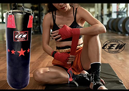 Image of LEW 3FT Filled Heavy Punch Bag with Gloves & Hand Wraps | Haptex Leather Boxing & Kickboxing Set for MMA, Muay Thai, and Fitness Training with Hanging Chain (Black /Red)