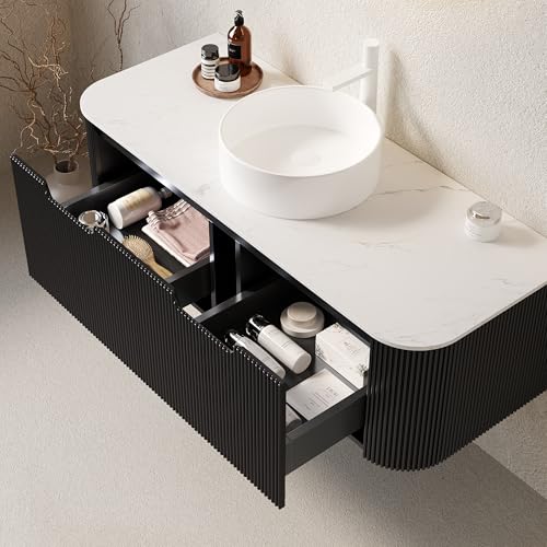 Image of KEIKI 48 inch Wall-Mounted Floating Bathroom Vanity with Sink, Pre-Assembled Storage Cabinet with 3D Textured Drawers & Curved Edge Design, Durable Ceramic Basin, Black