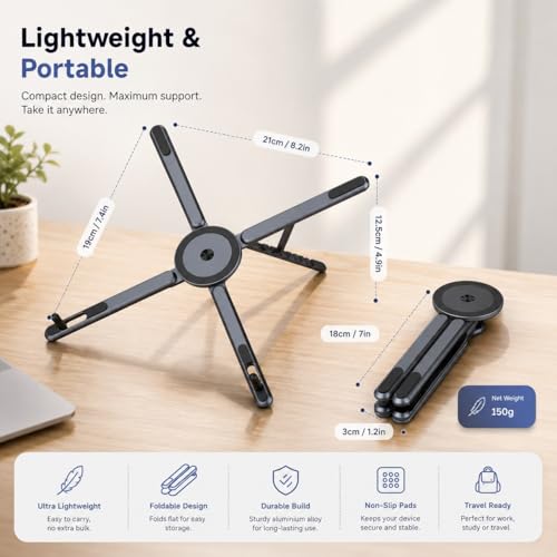Image of Foldable 4 in 1 Laptop Stand with 7 Level Height Adjustment | Vlogging Magnetic Selfie Stick| Mobile & Tablet Stand | Aluminium Body | Supports Upto 10kg & 11 inch to 16 inch | Free Carry Bag