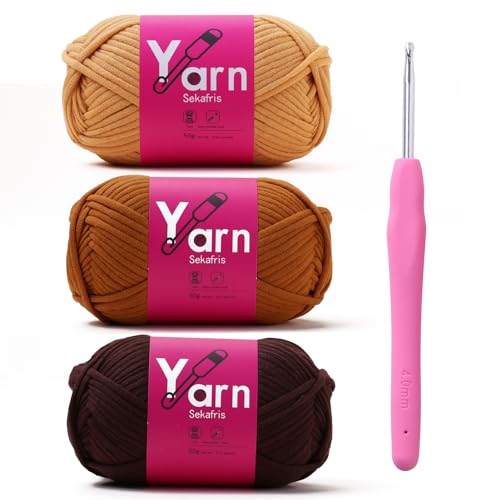 Image of Crochet Yarn 150g /163.5yds Cotton Yarn for Crocheting - Crochet Knitting Yarn for Beginners with Easy-to-See Stitches - Yarn for Crocheting - Parfait Chunky Yarn (Khaki+Brown+Coffee)
