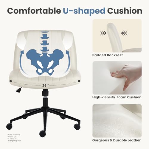 Image of DUMOS Criss Cross Chair with Wheels, Wide Cross Legged Office Desk Vanity Chairs, Faux Leather Armless Adjustable Swivel Chairs for Home Computer Task, Beige