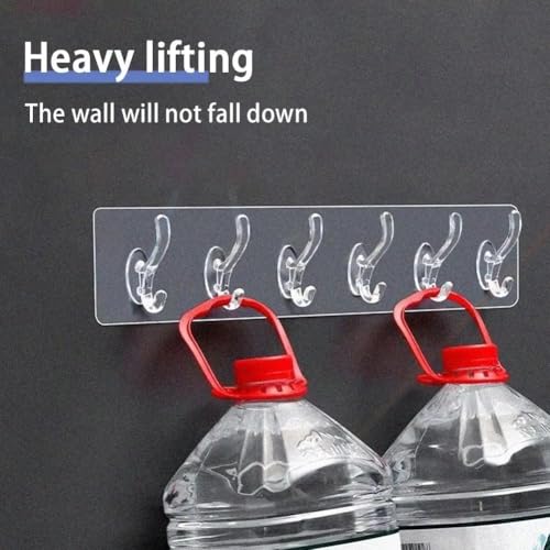 Image of 6-in-1 Self Adhesive Wall Hook - Heavy Duty Transparent Hooks for Wall Without Drilling | Waterproof Kitchen & Bathroom Hanger for Clothes, Utensils, Towels & Home Storage (Pack of 1)