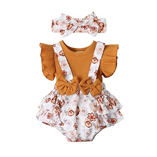 Image of Newborn Baby Girl Clothes Infant Romper Floral Suspender Dress Ruffle Sleeve Onesie Outfit Jumpsuit Headband Spring Summer