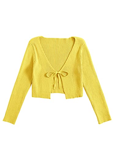 Image of Floerns Women's Tie Front Long Sleeve Rib Knit Shrug Sweaters Cardigan Crop Top Yellow M