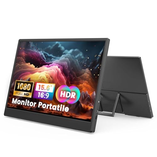 Azeyou Monitor Portatile 15.6' FHD IPS 1080P, Schermo Esterno USB-C e HDMI, Monitor da Gioco Ultra Sottile con Supporto, Pellicola Protettiva e Altoparlanti, per Laptop PC Telefono PS Xbox