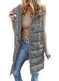EVALESS Long Puffer Jackets for Women Dressy Casual Quilted Hooded Sleeveless Zip Up Down Vests Winter Warm Gilet Coat Outerwear with Pockets Gray Medium