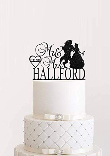 Beauty And Beast Wedding Cake Topper Mr & Mrs With Last Name Cake Topper Custom Glitter Rose Gold, Silver
