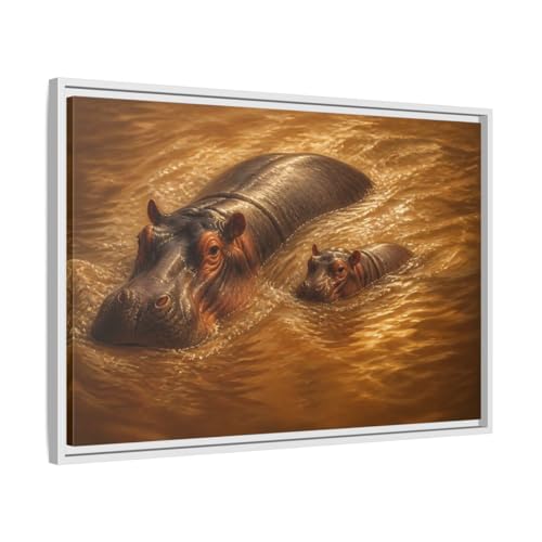 Tableau hippopotames marron horizontal pour habiller un grand mur vide de salon