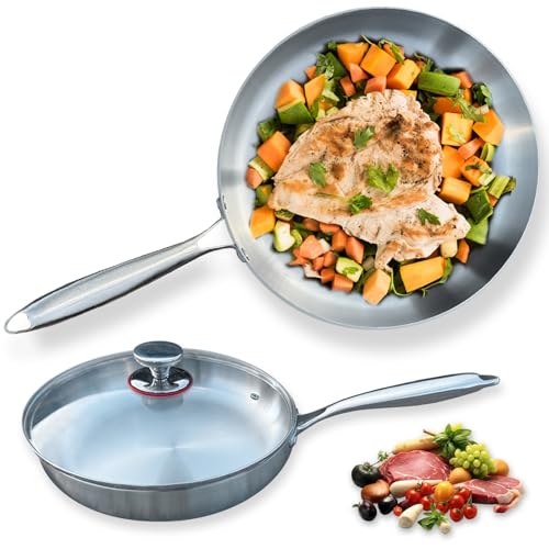 Easy Greasy 12 Inch Stainless Steel Skillet with Lid - Durable Frying Pan Ergonomic Handle - Oven Safe