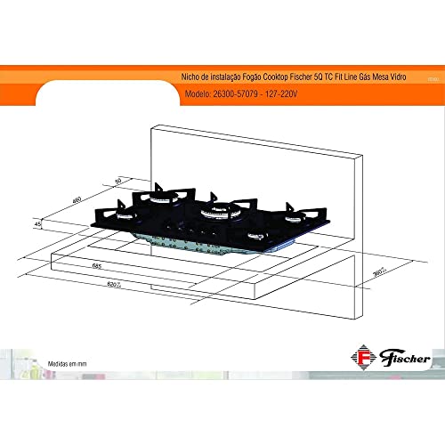 FISCHER COOKTOP À GÁS 5 BOCAS FIT LINE MESA VIDRO PRETO BIVOLT - 26343-57174 glide