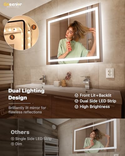 Ensenior LED Bathroom Mirror 40"x 32" with Front and Backlight, Stepless Dimmable Wall Mirrors with Anti-Fog, Shatter-Proof, Memory, 3 Colors, Modern LED Vanity Mirror-ETL & FCC