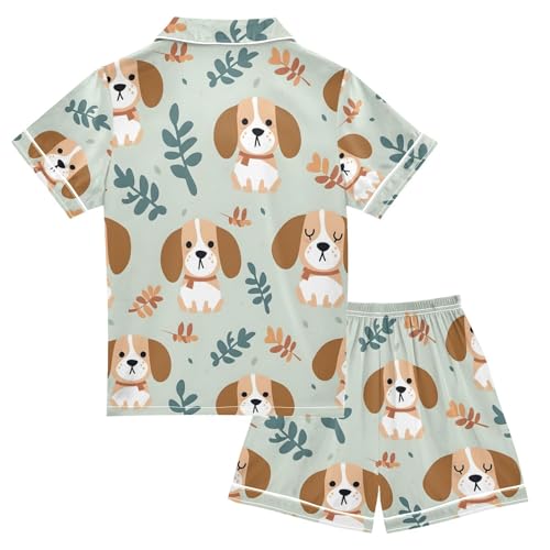 ALAZA Cartoon Puppy Dog Leaves Pajamas Satin Pajama Set Short Sleeve Button Down Sleepwear2