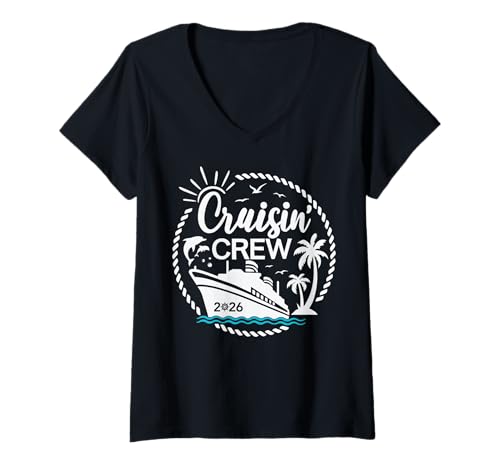 Donna Cruisin' Crew 2026 Family Cruise Crew Vacation Matching Maglietta con Collo a V