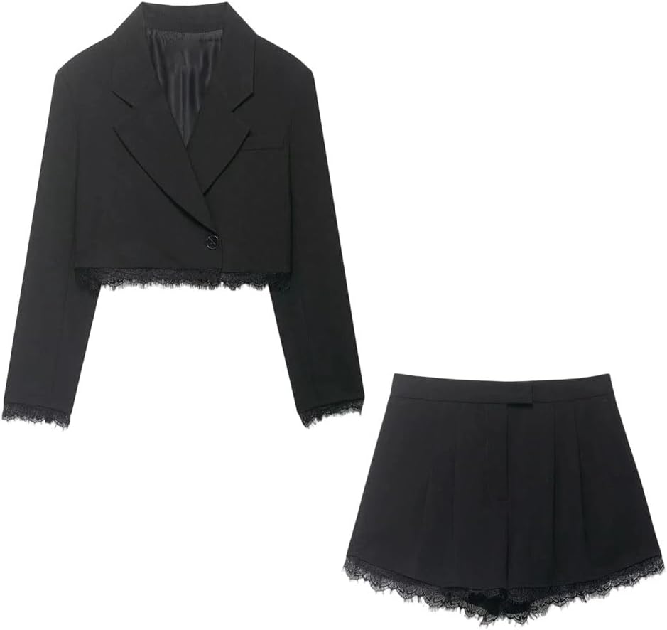 Women's Shorts Suit Lace Stitching Solid Lapel Long Sleeve Short Waist Zipper Casual Slim Shorts