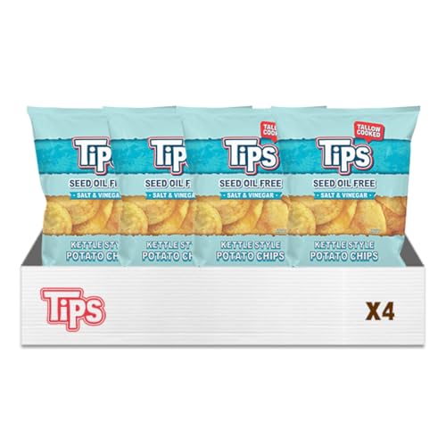 Image of TIPS Potato Chips - Snack Pack - Tallow Cooked - Seed Oil Free & Gluten Free - Kettle Style Potato Chips Made with Potatoes, Beef Tallow, and Sea Salt (5oz 4 Pack, Salt & Vinegar)