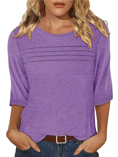 KISSMODA Women's Casual 3/4 Sleeve T-Shirts Round Neck Cute Tunic Tops Basic/Pleated Summer Tops Trendy Spring Blouses