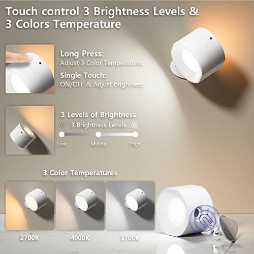 Fallvi Wall Light With Up And Down Lamp Battery Operated 4 Brightness Levels & 3 Color Tempretures 360°Magnetic Rotation Mounted Wall Sconce For Reading Study Bedside (White - Two Pack) #TOP1