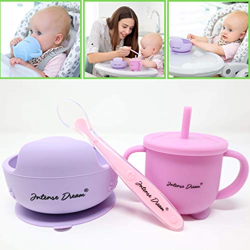Intense Dream Set per lo Svezzamento - Kit Completo per la Pappa dei Bambini con Cucchiaio di Silicone, Ciotola con Ventosa, Tazza con Coperchio, Cannuccia, Manico - Adatto a Microonde e Lavastoviglie