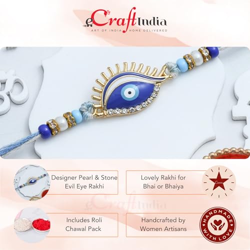 Image of eCraftIndia Evil Eye Rakhi for Brother Bhaiya Bhai with Best Bro Ever Fridge Magnet | Roli Chawal Pack