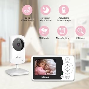 VTimes Baby Monitor with Camera and Audio, No WiFi, 2.4" LCD Screen, Two-Way Talk, Portable, Night Vision, 1000ft Range, Temperature Sensor, Alarm and Lullaby, for Baby Shower — photo 3 of 6