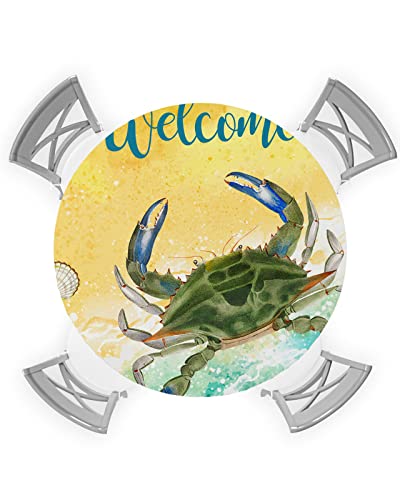 Onehoney Round Tablecloth Fitted Waterproof Table Cover Summer Coastal Seaside Crab Conch, Elastic Edged Washable Table Cloths For Kitchen Dinning Picnic Party Decor Seawater And Sandbeach #TOP1