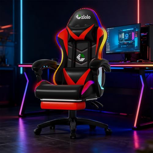 Image of Czlolo Gaming Chair, Racing Style RGB LED Lights Gaming Chairs for Adults and Kids, Lumbar Massager Gamer Chair, High Back Reclining Computer Chair with Footrest and Headrest (Black /Red)