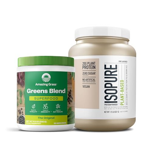 Bundle of Amazing Grass Greens Superfood Powder: Original, 30 Servings + Isopure Unflavored Vegan Protein Powder, Plant Based, Organic Pea Protein, Dairy Free, 20 Servings (Packaging May Vary)