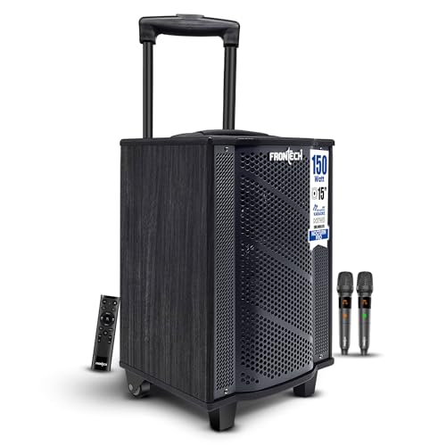 Image of FRONTECH Nocturn Pro Trolley Speaker | 150W Powerful Sound | Dual Wireless Microphones | USB /TF /Bluetooth /FM | Guitar & MIC Input | Rechargeable Battery (SW-0211, Black)