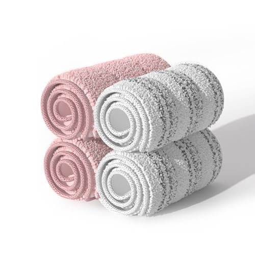 JOYMOOP Mop Replacement Pads, Reusable Microfiber Mop Pads for 13-inch Flat Mop and Mop Bucket Set, Pack of 4 Refills - Stripe and Pink