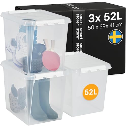 SmartStore - 3x Boîte de Rangement Plastique avec Couvercle Classic 52L (50x39x41cm) | Empilable et de Qualité Alimentaire | Boîte Plastique avec Couvercle & Coins Renforcés | Garantie 10 Ans