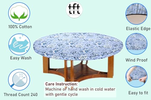 Image of The Furnishing Tree Elastic Cotton Round Center Table Cover 18x18 in Inches Floral White Rose on Blue Base