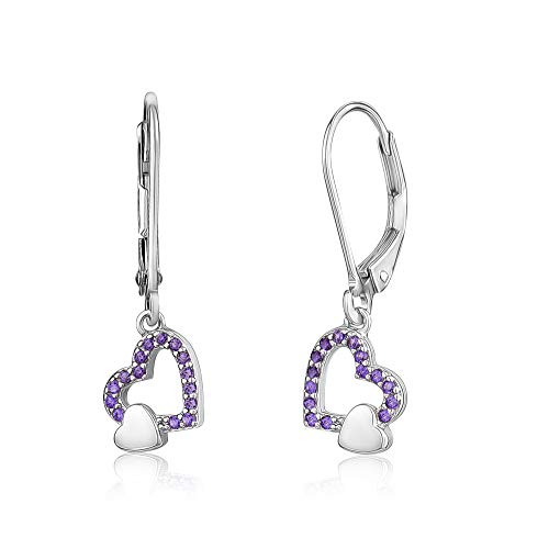 Unicornj Pendientes de plata de ley 925 con contorno de corazón inclinado y pendientes largos con pavé Cz Purple Italy Cover