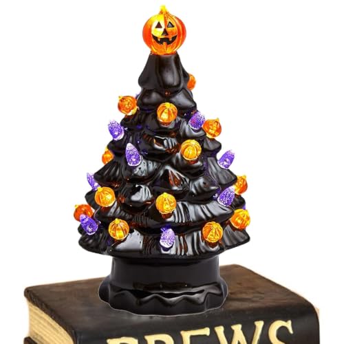 Árbol negro de Halloween de cerámica con luces y decoración de calabaza para mesa 2