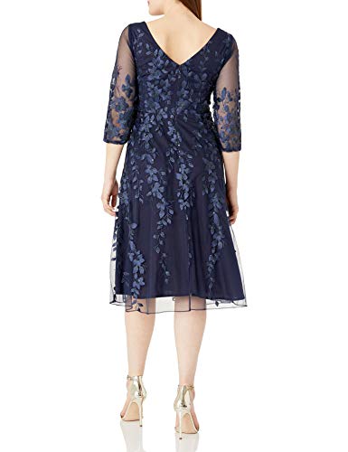 Image of Alex Evenings Womens Tea Length Embroidered Cocktail Dress with Illusion Sleeves, Wedding Guest (Petite and Regular Sizes)