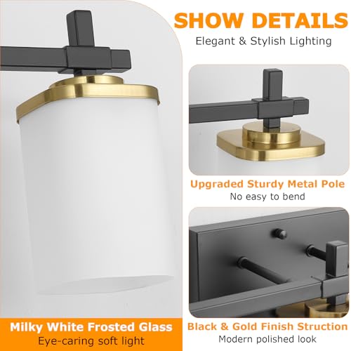 Spiglamm 3-Lights Black and Gold Bathroom Lighting Fixtures Over Mirror, Anti-Rust Vanity Wall Lights for Bathroom with Milky White Frosted Glass Shades, Modern Bath Wall Lamp for Living Room Bedroom by Spiglamm - Used condition - Image 3