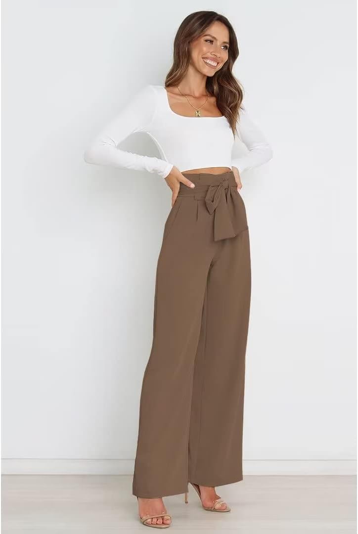Womens High Waist Wide Leg Pants Elastic Waistband Belly Control Office Pants with Pockets for Work Casual - Image 4