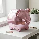 MIJOMA Spardose Schwein glänzend Mattes Metall-Finish aus Keramik 8 x 6,5 cm stylische Sparbüchse mit Stopper modernes Design Geschenkidee für Kinder & Erwachsene (Rosé)