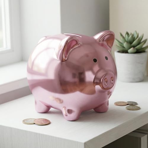 MIJOMA Salvadanaio a forma di maiale lucido, finitura in metallo opaco, in ceramica, 8 x 6,5 cm, elegante salvadanaio con stopper, design moderno, idea regalo per bambini e adulti (rosa)