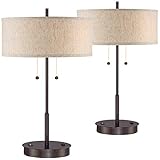 Nikola Modern Accent Table Lamps Set of 2 with Hotel Style USB and AC Power Outlet in Base Bronze Slim Fabric Drum Shade for Living Room Bedroom House Bedside Nightstand Home - 360 Lighting