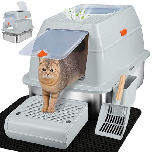 Vivifying Stainless Steel Litter Box with Lid, XL Front Entry Enc...