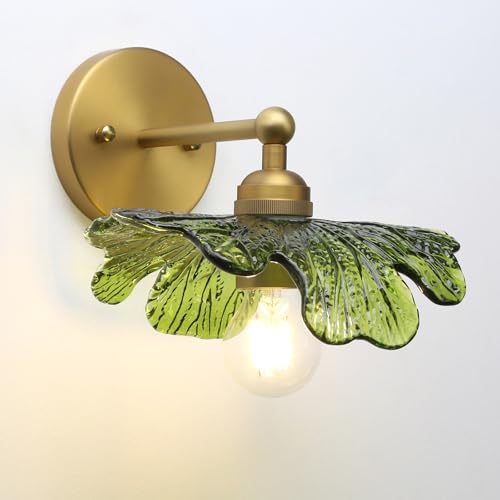 Pathson Vintage Wall Sconce Green Flower Glass, Hardwired Bathroom Sconce