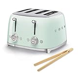 Smeg 50s Retro 4-Slot Toaster TSF03PGUS Bundle with Norpro Bamboo Tongs - Pastel Green